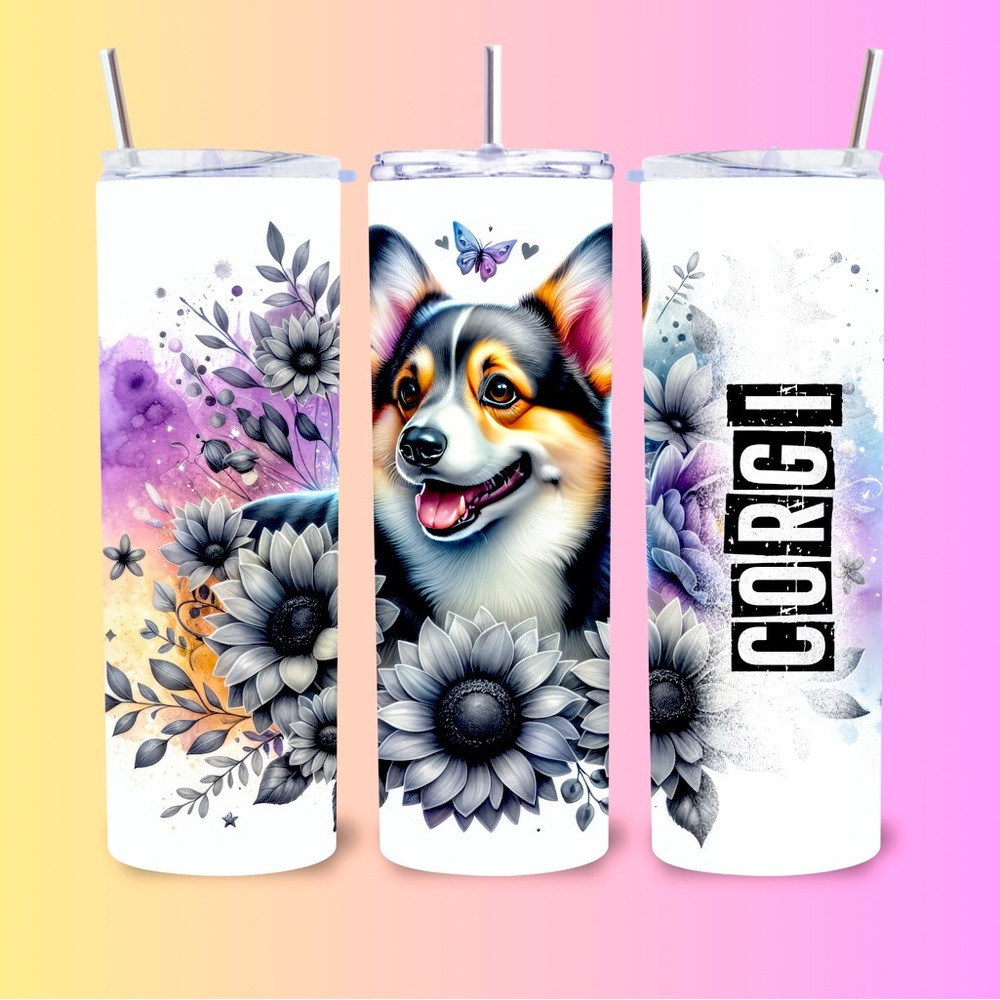 Corgi Floral Tumbler with Straw